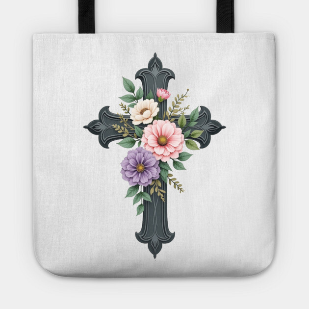 Floral Cross - Inspirational Cross with Flowers and Leaves Tote by Rox