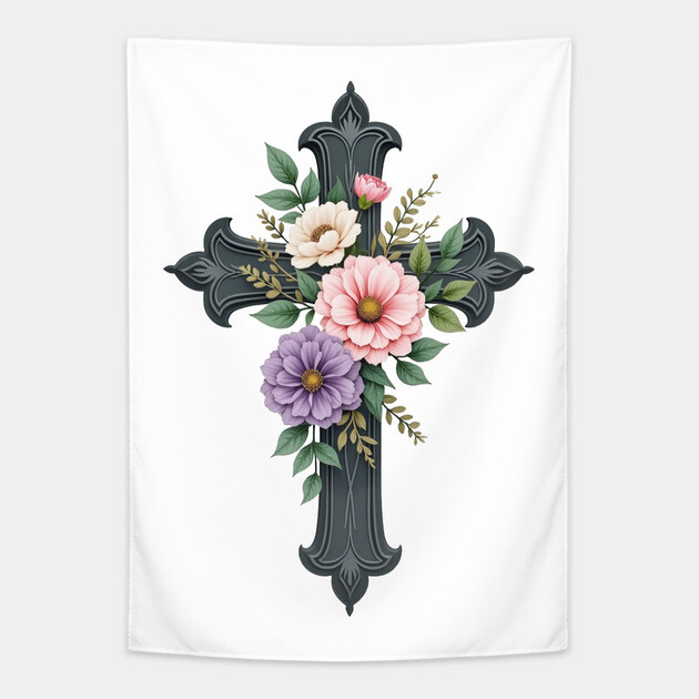 Floral Cross - Inspirational Cross with Flowers and Leaves Tapestry by Rox
