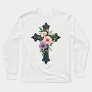 Floral Cross - Inspirational Cross with Flowers and Leaves Long Sleeve T-Shirt