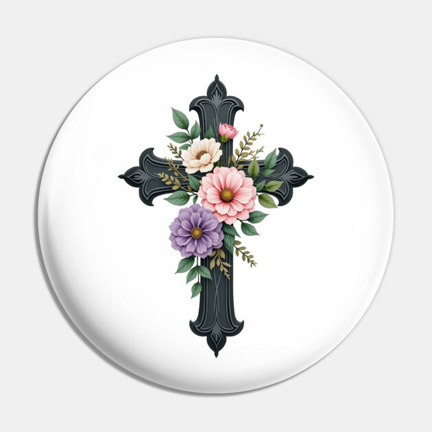 Floral Cross - Inspirational Cross with Flowers and Leaves Pin by Rox