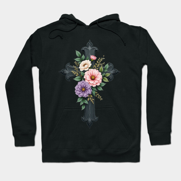 Floral Cross - Inspirational Cross with Flowers and Leaves Hoodie by Rox