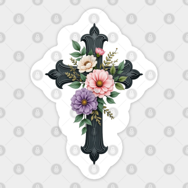 Floral Cross - Inspirational Cross with Flowers and Leaves Sticker by Rox