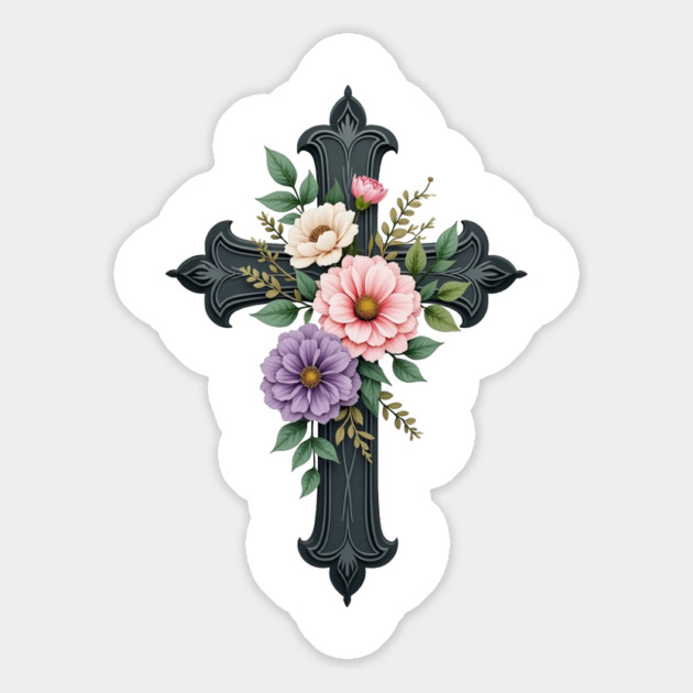 Floral Cross - Inspirational Cross with Flowers and Leaves Magnet by Rox