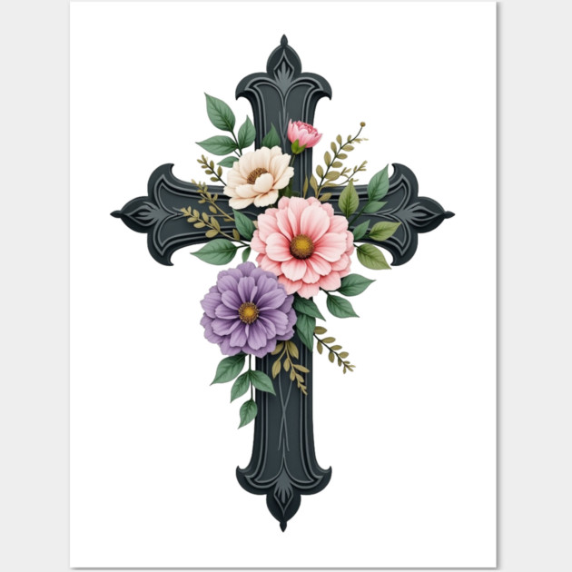 Floral Cross - Inspirational Cross with Flowers and Leaves Wall Art by Rox