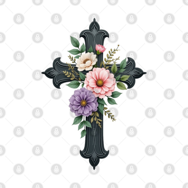 Floral Cross - Inspirational Cross with Flowers and Leaves by Rox
