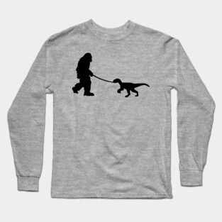 Bigfoot walking a pet dinosaur graphic – cryptid-meets-prehistoric Long Sleeve T-Shirt