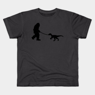 Bigfoot walking a pet dinosaur graphic – cryptid-meets-prehistoric Kids T-Shirt