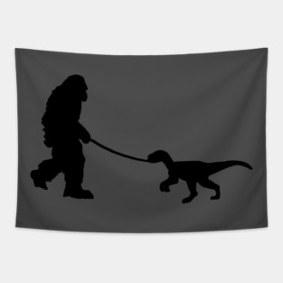 Bigfoot walking a pet dinosaur graphic – cryptid-meets-prehistoric Tapestry