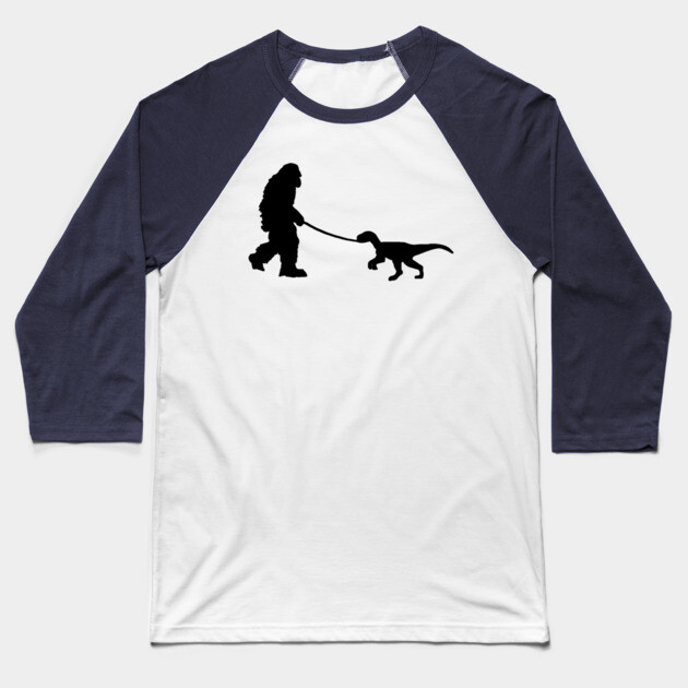 Bigfoot walking a pet dinosaur graphic – cryptid-meets-prehistoric Baseball T-Shirt by DonWillisJrArt