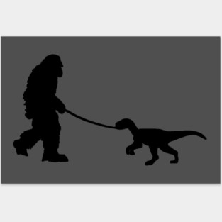Bigfoot walking a pet dinosaur graphic – cryptid-meets-prehistoric Posters and Art