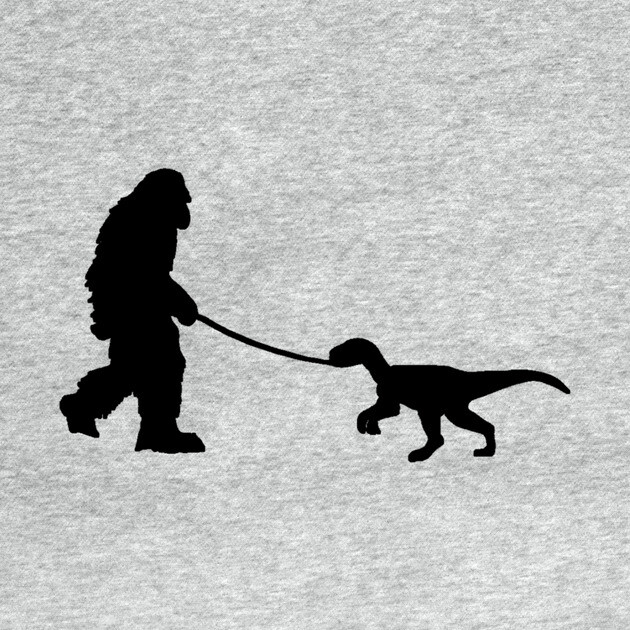 Bigfoot walking a pet dinosaur graphic – cryptid-meets-prehistoric by DonWillisJrArt