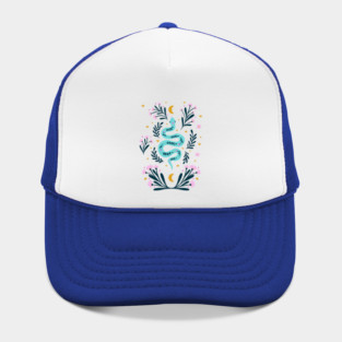 Snake and flowers - turquoise and pink Hat