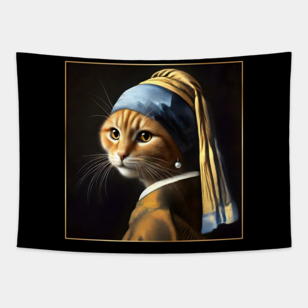 Cat with a Pearl Earring Tapestry by Premachandra's Store