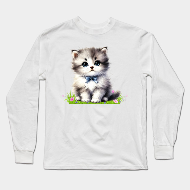 Adorable Fluffy Kitten Long Sleeve T-Shirt by Premachandra's Store