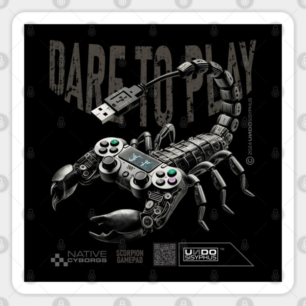 Dare to Play (Black) - Surreal Scorpion Gamepad Fantasy Art | UndoSisyphus™ Gaming Collection Sticker by UndoSisyphus
