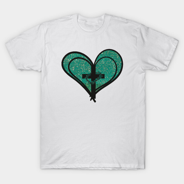 Christian Cross with Hearts and Crown of Thorns T-Shirt by Rox