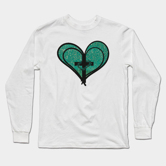 Christian Cross with Hearts and Crown of Thorns Long Sleeve T-Shirt by Rox