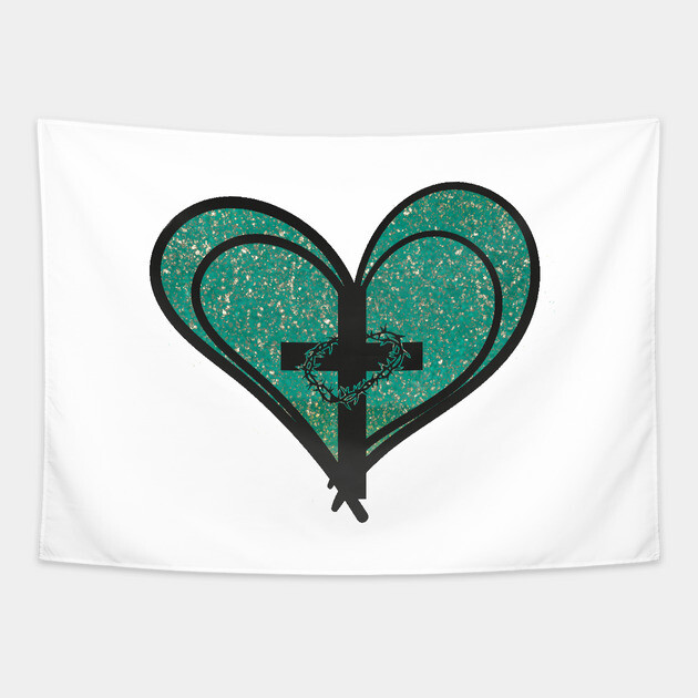 Christian Cross with Hearts and Crown of Thorns Tapestry by Rox