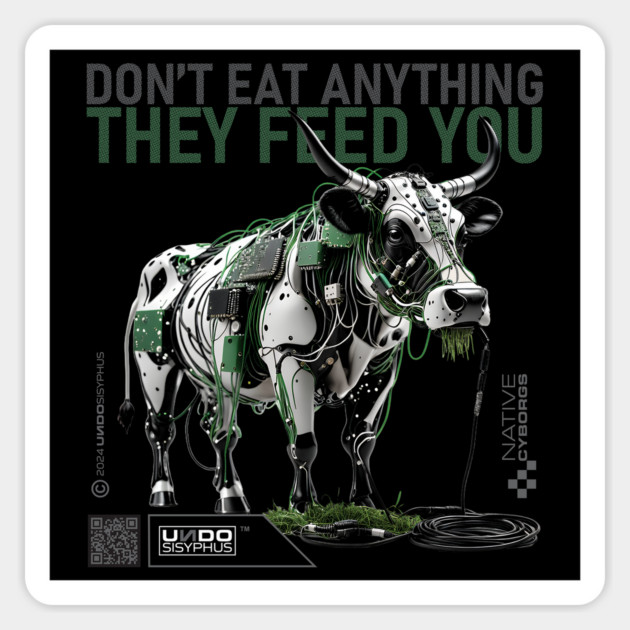 Cyborg Cow (Black) - Don't Eat Anything They Feed You | UndoSisyphus™ Native Cyborgs Collection Magnet by UndoSisyphus