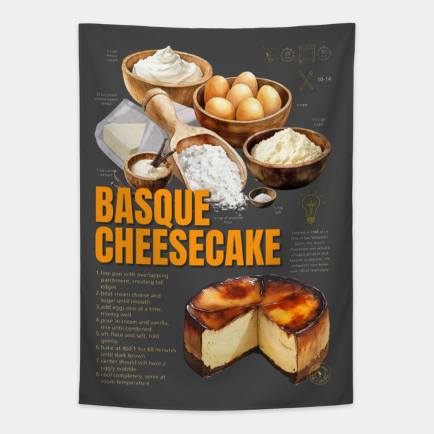 Basque Burnt Cheesecake Recipe Print – Rustic European Dessert Wall Art & Bakery Decor Tapestry by TuncGK