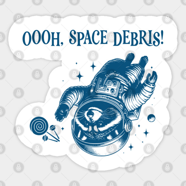 Racoon astronaut flying after space trash vintage design, Oooh Space Debris! Sticker by Luxinda