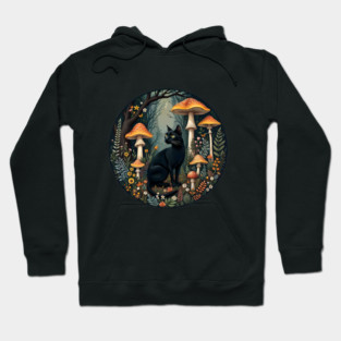 Aesthetic Goblincore black cat and dark Cottagecore Mushroom, Enchanted Forest Spirits and Mystical Mushroom Creatures,  Mushrooms, cute, goblincore Hoodie