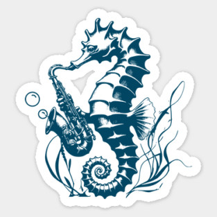 Saxophone Seahorse Rocking Underwater Jazz retro design Sticker