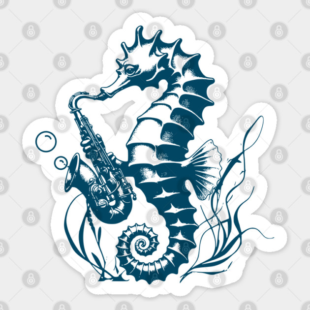 Saxophone Seahorse Rocking Underwater Jazz retro design Sticker by Luxinda
