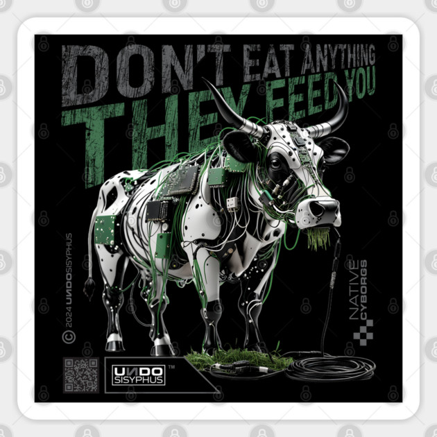 Cyborg Cow 02 (Black) - Don't Eat Anything They Feed You | UndoSisyphus™ Dystechtopia™ Collection Sticker by UndoSisyphus