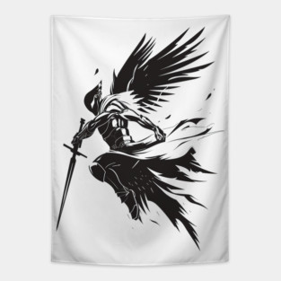 Dark Angel Warrior - Mysterious Winged Knight Design Tapestry