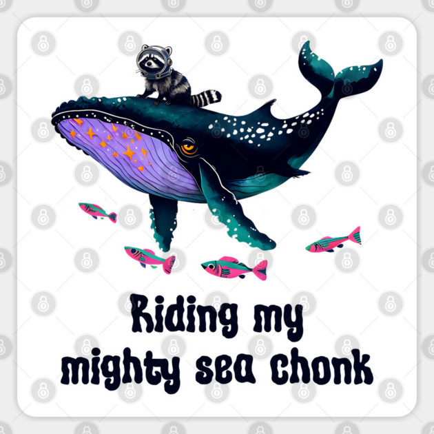 Raccoon Adventure Riding its Mighty Sea Chonk whale Sticker by Luxinda