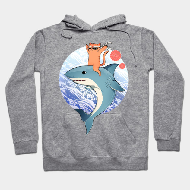 Funny Orange Cat Riding Shark, Love Cats Hoodie by logiamerch