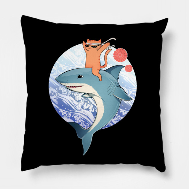 Funny Orange Cat Riding Shark, Love Cats Pillow by logiamerch