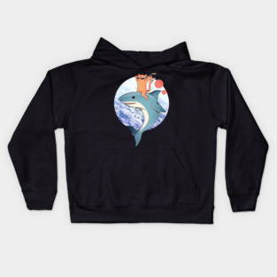 Funny Orange Cat Riding Shark, Love Cats Kids Hoodie