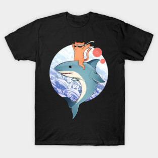 Funny Orange Cat Riding Shark, Love Cats T-Shirt