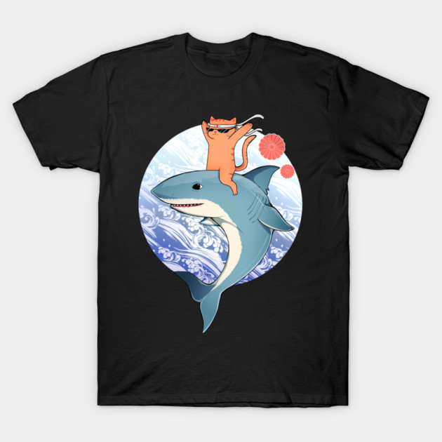 Funny Orange Cat Riding Shark, Love Cats T-Shirt by logiamerch