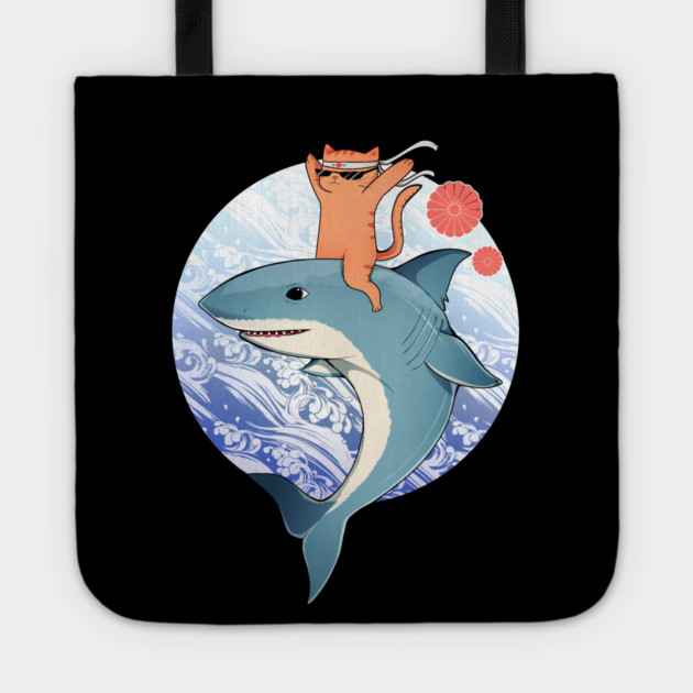 Funny Orange Cat Riding Shark, Love Cats Tote by logiamerch