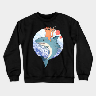 Funny Orange Cat Riding Shark, Love Cats Crewneck Sweatshirt