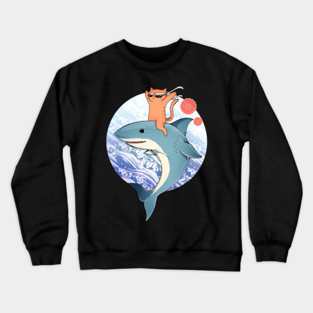 Funny Orange Cat Riding Shark, Love Cats Crewneck Sweatshirt by logiamerch