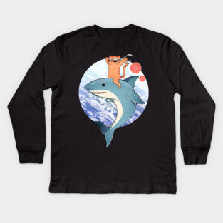 Funny Orange Cat Riding Shark, Love Cats Kids Long Sleeve T-Shirt