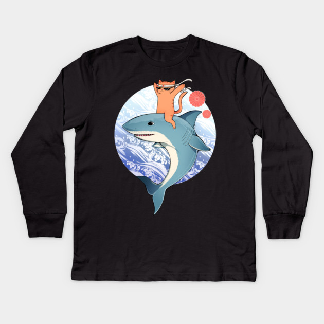 Funny Orange Cat Riding Shark, Love Cats Kids Long Sleeve T-Shirt by logiamerch