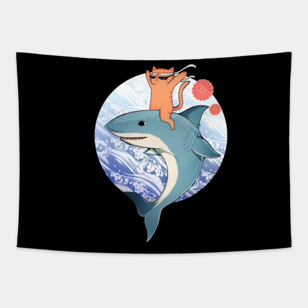 Funny Orange Cat Riding Shark, Love Cats Tapestry by logiamerch