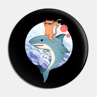 Funny Orange Cat Riding Shark, Love Cats Pin