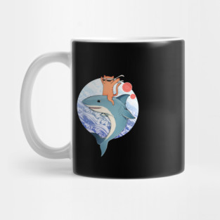 Funny Orange Cat Riding Shark, Love Cats Mug