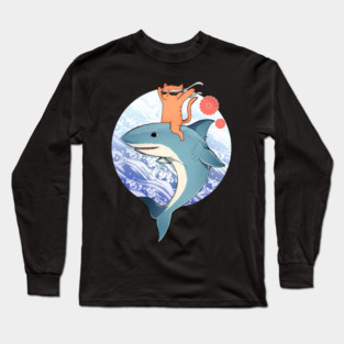 Funny Orange Cat Riding Shark, Love Cats Long Sleeve T-Shirt