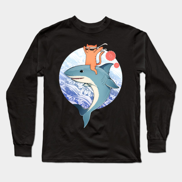 Funny Orange Cat Riding Shark, Love Cats Long Sleeve T-Shirt by logiamerch
