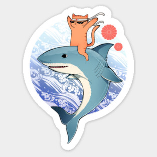 Funny Orange Cat Riding Shark, Love Cats Sticker