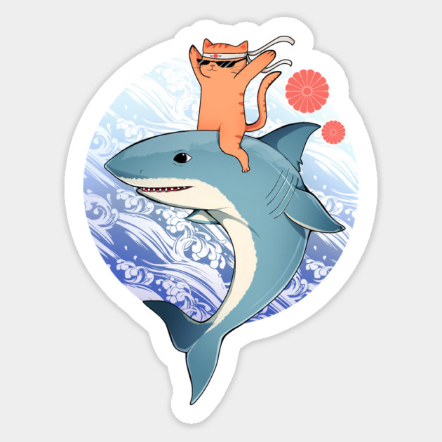 Funny Orange Cat Riding Shark, Love Cats Sticker by logiamerch
