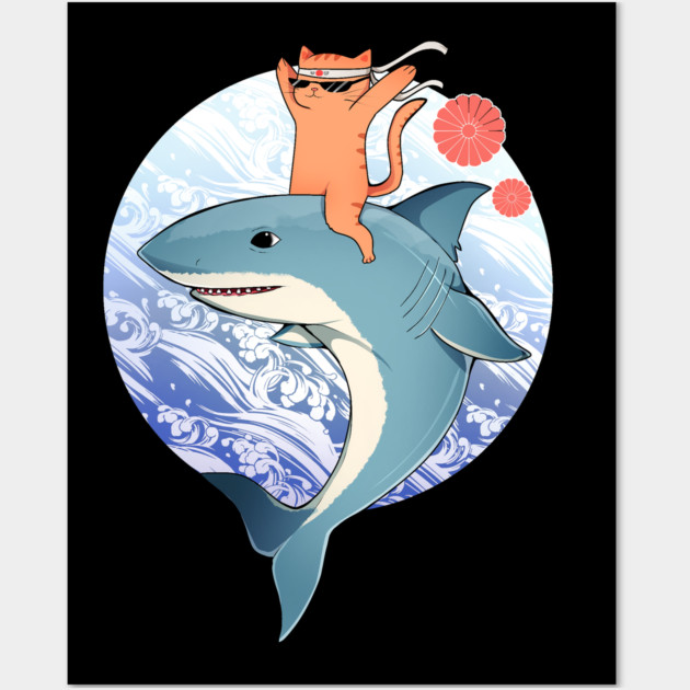 Funny Orange Cat Riding Shark, Love Cats Wall Art by logiamerch