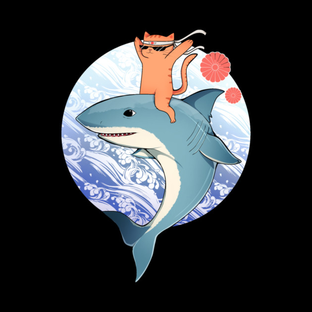 Funny Orange Cat Riding Shark, Love Cats by logiamerch